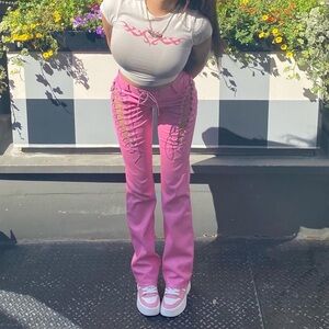 Pink Lace-Up Leather Pants